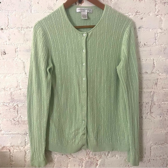 Bloomingdale’s Sutton|Studio Silk|Cashmere Green Cable Knit Cardigan Sz … - Picture 1 of 4